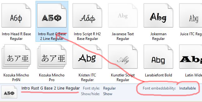 Intro rust G Base 2 Line font is installable and redistributable.
