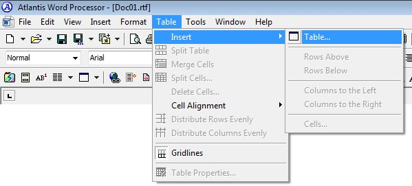 The 'Insert table' menu command