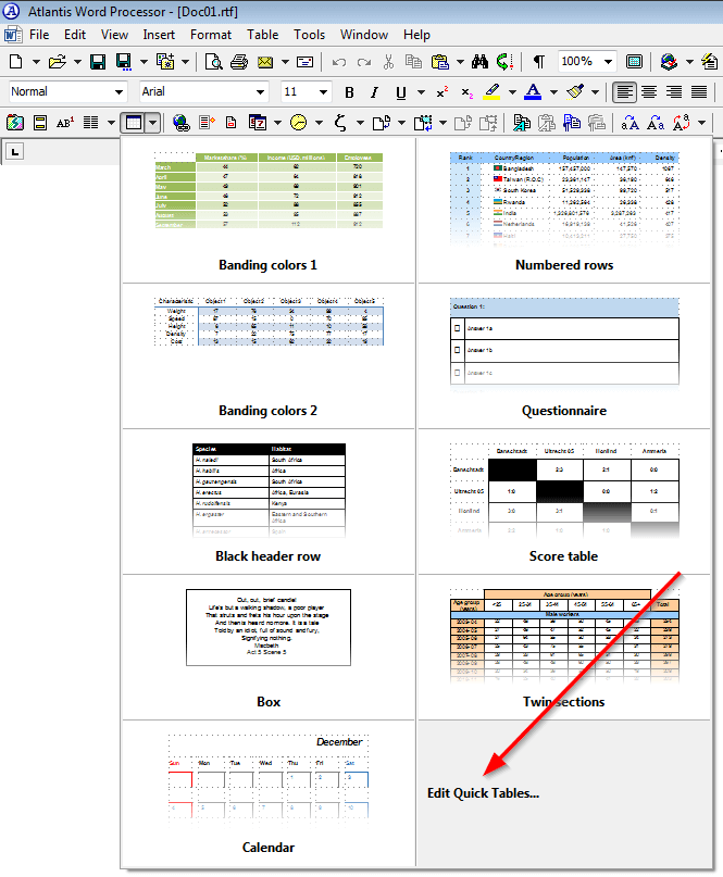 Edit Quick Tables