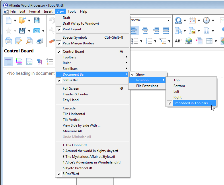 Document Bar embedded in toolbars