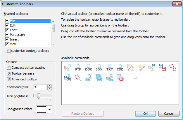 The 'Customize toolbars' dialog