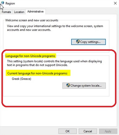 Settings for non-Unicode programs in Windows