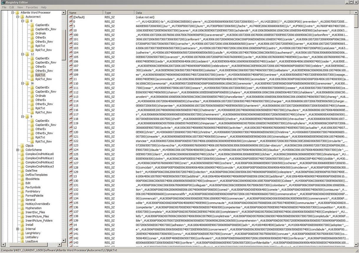 HKEY_CURRENT_USER\Software\Atlantis Word Processor\Autocorrect\12\RplcTxt