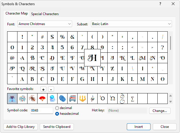 The 'Symbols and Characters' dialog
