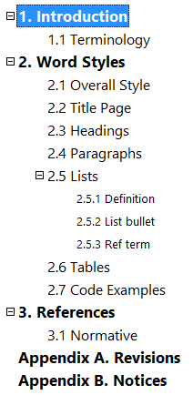 Level 1 headings in bold in the Headings panel of the Control Board
