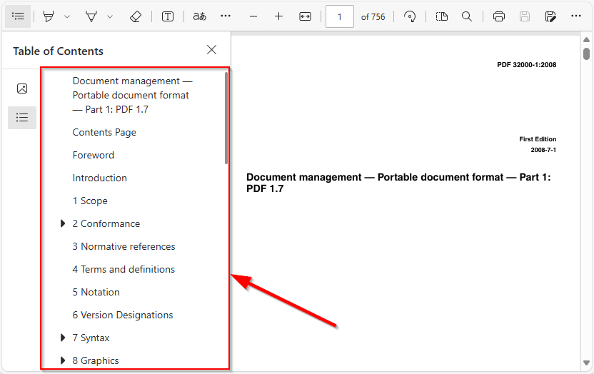 A table of contents in a PDF reader
