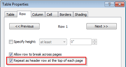 Repeat as header row at the top of each page