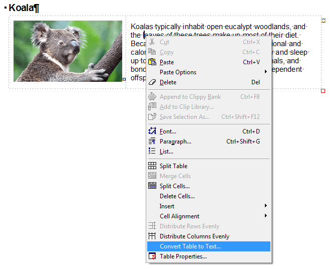 The 'Convert table to text' command