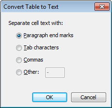 The 'Convert table to text' dialog