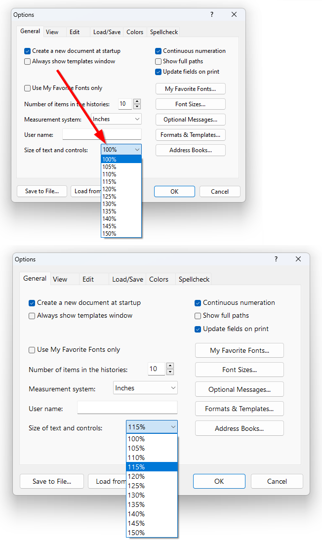 Size of text and controls