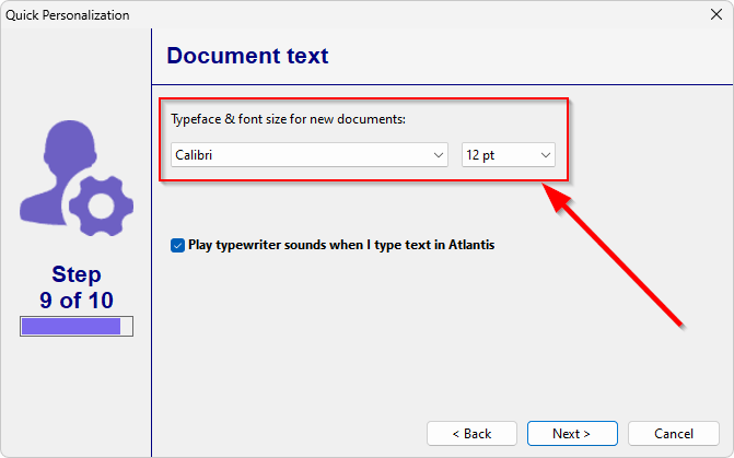Default typeface and font size