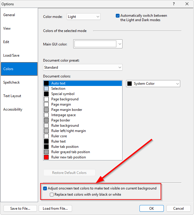 The 'Adjust onscreen text colors ...' options