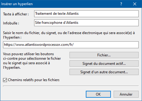 Options des boîtes de dialogue 'Insérer/Modifier un hyperlien'